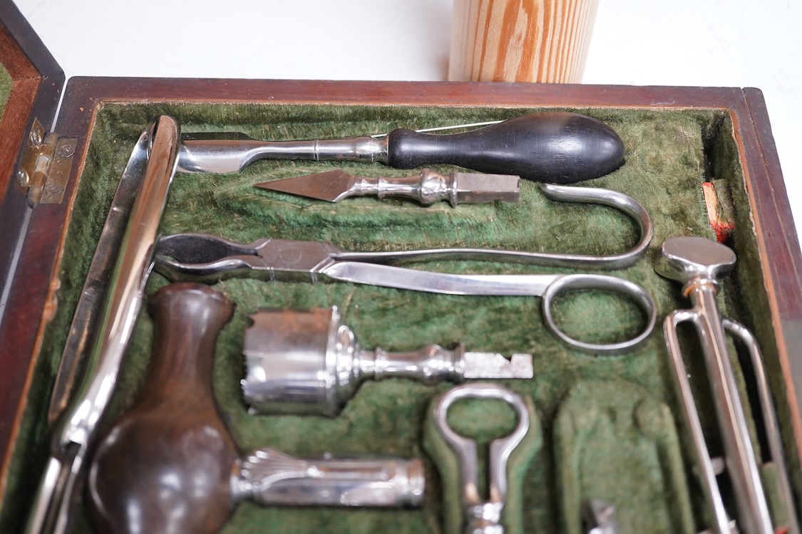 A mahogany cased Georgian medical trepanning set by William Haseldine Pepys FGS FRS (1775-1856), comprising steel drill bits, tool holders, forceps, etc. the forceps stamped W. Pepys, dimensions of the case; 20cm wide, 5